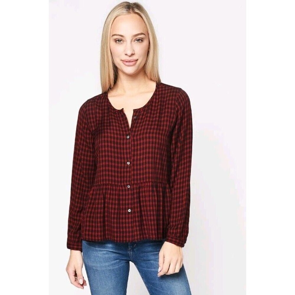 Rails Celeste Onyx Red Check Button‎ Front Linen Shirt S Long Sleeve 146